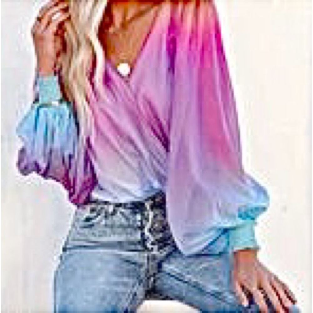 🆕Soft Pastel Gradient V-Neck Blouse. Size L. NWT.
